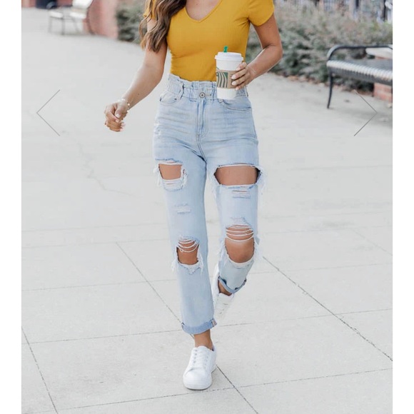 KanCan Denim - Kancan Kristen paper bag waist light wash distressed mom jeans